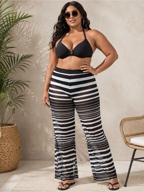 SHEIN 3X Black White Striped Mesh Swim Cover Up Pants NWOT Plus Size